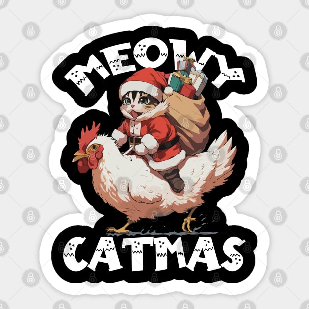 Meowy Catmas, Funny Cute Cat on a Chicken Sticker by Megadorim